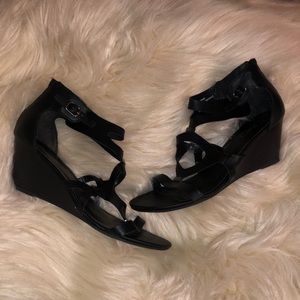 XOXO Size 9 Black Strapy wedges